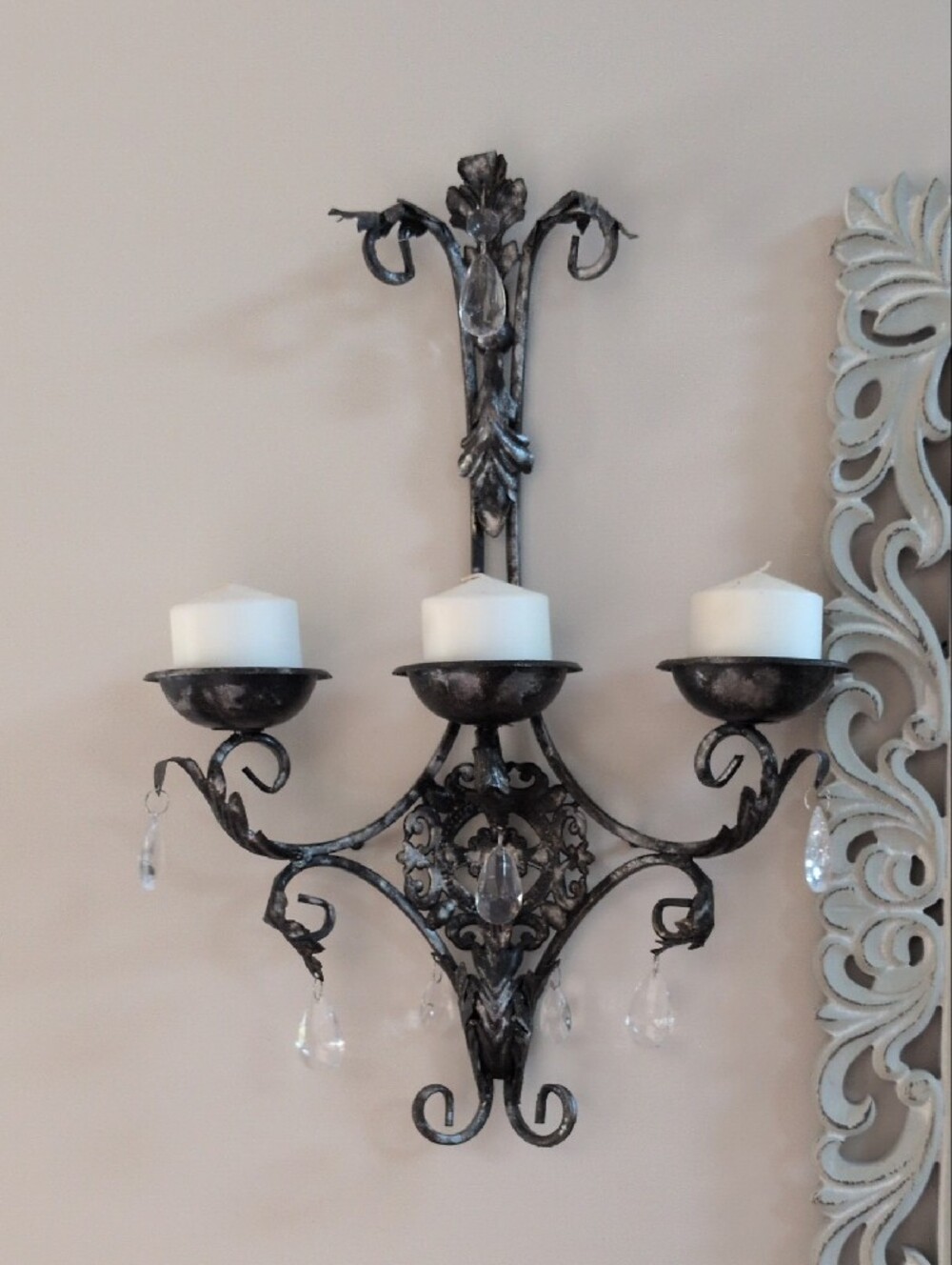(2)Ornate Three-Arm Wall Sconce with Crystal Drops - Distressed Black and Silver